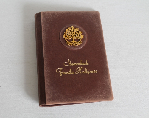 Preview: Stammbuch "LEBENSBAUM-VINTAGE" aus braunem Nappaleder mit goldenem Schrift
